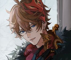 1boy black_fur black_gloves blue_eyes brown_hair commentary double-parted_bangs dragon dragon_horns earrings fur_trim genshin_impact gloves hair_between_eyes hand_on_own_chest highres horns jewelry looking_to_the_side male_focus mask mask_on_head open_mouth piercing red_mask red_scarf rex_lapis_(genshin_impact) scarf single_earring smile tartaglia_(genshin_impact) udgg093577 upper_body