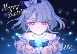 1girl bare_shoulders blue_bow blue_brooch blue_gemstone bow character_name colored_eyelashes commentary_request dark dated diamond_(gemstone) dot_nose english_text facing_viewer frills gem grey_hair grey_nails hair_bow hands_up happy_birthday himitsu_no_aipri light_smile medium_hair nail_polish pretty_series purple_eyes rokudou_elle solo star_(symbol) star_in_eye straight_hair sui@tenshi symbol_in_eye upper_body white_bow