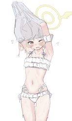 1girl armpits arms_up bikini blue_archive blush breasts collarbone frilled_bikini frills halo hifumi_(blue_archive) hifumi_(swimsuit)_(blue_archive) highres light_brown_hair looking_at_viewer navel one_eye_closed simple_background small_breasts solo sweat swimsuit what_a white_background white_bikini yellow_eyes