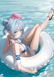 1girl absurdres arm_strap bare_shoulders blue_eyes blue_hair blush bracelet breasts bun_cover eco_376124 hair_bun hair_ornament haiyi highres innertube jewelry large_breasts long_legs looking_at_viewer looking_back medium5 on_innertube partially_submerged pearl_bracelet sandals smile solo swim_ring swimsuit toes wet