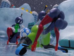 1girl 2futa 3d animated arm_warmers ass bob-omb bob-ombette breasts cum fellatio futa_with_female futanari high_heels highres huge_ass mario_(series) multiple_futa nintendo nipples oral piranha_plant platform_heels sex snow sound spitroast tagme testicles thick_thighs thighhighs thighs video wyerframez
