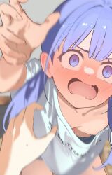 1boy 1girl areola_slip blue_eyes blue_shorts blush downblouse embarrassed extended_downblouse full-face_blush hair_ornament hayakawa_sena_(pei_iriya) highres indoors leaning_forward long_hair open_mouth original pei_iriya purple_hair reaching reaching_towards_viewer shirt shorts sitting twintails white_shirt