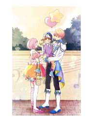 1girl 2boys animal_hat balloon blonde_hair brown_hair carrying child closed_eyes closed_mouth collared_shirt full_body gradient_hair hair_between_eyes hair_ornament hat heart_balloon highres kneehighs long_sleeves momomo_(m0_3) multicolored_hair multiple_boys ootori_emu open_mouth orange_eyes orange_hair orange_sky phenny_(project_sekai) pink_hair project_sekai shirt short_hair sky socks star_balloon striped_clothes striped_socks stuffed_animal stuffed_penguin stuffed_toy tenma_tsukasa white_socks