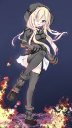1girl 9-nine- :d absurdres belt black_belt black_choker black_hoodie black_shirt black_shoes black_thighhighs blonde_hair blue_eyes choker commentary convenient_leg criss-cross_halter fang fighting_stance fire floating_hair full_body ghost_(9-nine-) grey_background hair_over_one_eye halterneck highres hood hood_up hoodie knee_up legs long_bangs long_hair looking_at_viewer miniskirt miraikanai one_eye_covered open_mouth pleated_skirt shirt shoes simple_background skirt sleeves_past_fingers sleeves_past_wrists smile solo standing standing_on_one_leg teeth thighhighs upper_teeth_only white_skirt wide_sleeves zettai_ryouiki
