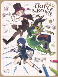 Rule 34 | 3boys, absurdres, black hat, boots, character name, colored pencil, fox boy, fox tail, genshin impact, gnyt0rxxnsq7777, hat, highres, holding, holding sword, holding weapon, lyney (genshin impact), male focus, multiple boys, pencil, smile, sword, tail, tighnari (genshin impact), top hat, weapon, xingqiu (genshin impact)