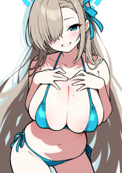 1girl alternate_costume aqua_bikini asuna_(blue_archive) bikini blue_archive blue_eyes blue_halo blue_ribbon blush breasts brown_hair cleavage collarbone commentary cowboy_shot drop_shadow ecgg_(tsuji418477) hair_over_one_eye hair_ribbon halo hands_on_own_chest highres large_breasts leaning_forward long_hair looking_at_viewer micro_bikini mole mole_on_breast navel paid_reward_available parted_lips ribbon side-tie_bikini_bottom simple_background smile solo standing swimsuit very_long_hair white_background