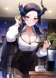 1girl asymmetrical_horns belt black_hair black_pantyhose black_skirt blue_coat blue_hair breasts cleavage coat coat_on_shoulders collared_shirt colored_inner_hair commentary copyright_notice covered_navel cup dress_shirt earrings english_commentary flower glass grey_belt grin hand_up heart heart_earrings high-waist_skirt highres holding hololive hololive_english horn_flower horns indoors jailbird_(nerissa_ravencroft) jewelry large_breasts long_sleeves looking_at_viewer mole mole_under_eye multicolored_hair nail_polish necklace nerissa_ravencroft nerissa_ravencroft_(casual) night office_lady official_alternate_costume official_alternate_hair_length official_alternate_hairstyle official_art pantyhose pencil_skirt puffy_long_sleeves puffy_sleeves red_eyes red_nails ring semi-rimless_eyewear shirt shirt_tucked_in short_hair side_slit skirt slit_pupils smile solo straight-on uneven_horns virtual_youtuber white_shirt yomosaka