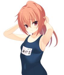 1girl absurdres alternate_hairstyle armpits arms_behind_back bare_legs blue_one-piece_swimsuit blush breasts closed_mouth collarbone eyes_visible_through_hair highres inaba_meguru kaon_zz long_hair looking_at_viewer medium_breasts one-piece_swimsuit orange_hair red_eyes sanoba_witch school_swimsuit simple_background solo swimsuit upper_body