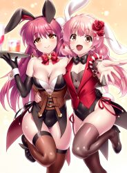 1boy 1girl :d absurdres animal_ears arm_around_waist bare_shoulders black_bow black_bowtie black_footwear black_gloves black_leotard black_thighhighs blush bow bowtie braid breasts brown_eyes brown_thighhighs c: cleavage closed_mouth commentary commission company_connection cosplay crown_braid cup curvy drinking_glass elbow_gloves english_commentary eyes_visible_through_hair fake_animal_ears fake_tail floppy_ears flower futaki_kanata glass gloves hair_between_eyes hair_flower hair_ornament haizakura_(prima_doll) haizakura_(prima_doll)_(cosplay) hand_up happy high_heels highleg highleg_leotard highres holding holding_tray hug karasuba_(prima_doll) karasuba_(prima_doll)_(cosplay) key_(company) large_breasts leotard little_busters! long_hair looking_at_viewer naoe_riki open_mouth outstretched_arm pink_hair playboy_bunny pom_pom_(clothes) pom_pom_hair_ornament prima_doll_(anime) purple_hair rabbit_ears rabbit_tail red_bow red_bowtie red_flower red_rose rose second-party_source shiny_skin side-by-side simple_background skeb_commission smile standing standing_on_one_leg strapless strapless_leotard tail tareme thighhighs thighs trap tray tsurime very_long_hair white_wrist_cuffs wig wine_glass wrist_cuffs yellow_background yellow_eyes zen_(kamuro)