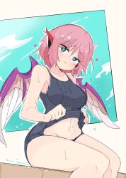 1girl animal_ears bird_ears bird_wings black_one-piece_swimsuit blush breasts closed_mouth clothes_lift collarbone feet_out_of_frame grey_eyes heart heart-shaped_pupils highres lifting_own_clothes medium_breasts mystia_lorelei navel old_school_swimsuit one-piece_swimsuit pink_hair school_swimsuit school_swimsuit_flap short_hair solo swimsuit swimsuit_lift symbol-shaped_pupils tatutaniyuuto touhou wet wet_clothes wet_swimsuit white_wings wings