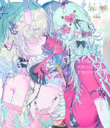 Rule 34 | 2girls, absurdres, bikini, bow, breast press, breasts, choker, colored skin, crazy straw, cup, drinking straw, drinking straw in mouth, ear piercing, green hair, hair ornament, heart, heart hair ornament, highres, horns, jewelry, large breasts, long hair, multiple girls, oni, original, piercing, pink skin, pointy ears, red skin, shibakure inuwo, smile, swimsuit, symmetrical docking, teeth