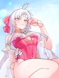 1girl ahoge aqua_eyes bare_shoulders blush bow breasts carlotta_(splashing_summer)_(wuthering_waves) carlotta_(wuthering_waves) commentary_request dated grey_hair hair_bow hand_up highres light_smile long_hair looking_down medium_breasts off-shoulder_one-piece_swimsuit off_shoulder official_alternate_costume one-piece_swimsuit parted_lips pink_bow pink_one-piece_swimsuit signature solo starblame striped_bow swimsuit thighs very_long_hair wuthering_waves