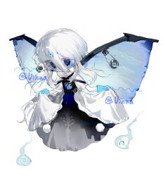 1girl black_dress blue_gloves blue_wings butterfly_girl butterfly_wings chinese_commentary commentary_request deformed dress gloves hair_between_eyes highres hitodama insect_wings long_bangs long_hair original short_sleeves simple_background solo vihua6 watermark white_background white_hair wings