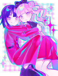1boy 1girl absurdres black_bow black_shoes bow brother_and_sister buttons closed_mouth commentary double_bun frown hair_bow hair_bun highres iro_(mywife_sunny) jacket long_hair male_focus pants pink_hair pleated_skirt purple_eyes purple_hair red_jacket red_pants red_shirt red_skirt shirt shoes short_hair siblings single_tear skirt smile symbol-only_commentary the_hundred_line_-last_defense_academy- tsukumo_ima tsukumo_kako twins