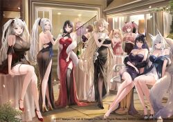 6+girls alternate_costume animal_ears anniversary ass attilio_regolo_(azur_lane) azur_lane baltimore_(azur_lane) bare_back bare_shoulders black_dress black_footwear black_hair black_thighhighs blonde_hair bluecher_(azur_lane) breasts bremerton_(azur_lane) cake champagne_flute cleavage cleavage_cutout closed_mouth clothing_cutout cup dress drinking_glass evening_gown food fox_ears fox_girl grey_hair high_heels implacable_(azur_lane) large_breasts lillly logo looking_at_viewer multiple_girls musashi_(azur_lane) official_art open_mouth pink_hair ponytail prinz_eugen_(azur_lane) red_footwear see-through_clothes see-through_dress shinano_(azur_lane) side_slit sitting sitting_on_table smile stairs standing thighhighs ting_an_(azur_lane) white_thighhighs yorktown_(azur_lane)