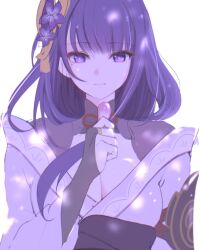 1girl armor blunt_bangs breasts bridal_gauntlets cherry_blossoms cleavage closed_mouth dappled_sunlight eyeliner genshin_impact hair_ornament hand_up hashtag-only_commentary highres holding holding_petal janya_1129 japanese_clothes kimono large_breasts light_particles light_smile long_hair looking_down makeup mole mole_under_eye multicolored_hair neck_ribbon off_shoulder petals pink_petals purple_eyes purple_kimono raiden_shogun red_eyeliner red_ribbon ribbon sash shade shoulder_armor simple_background solo standing streaked_hair sunlight upper_body white_background