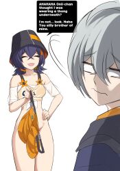 1boy 1girl absurdres belle_(zenless_zone_zero) blue_hair bottomless brother_and_sister bucket_hat closed_eyes closed_mouth collarbone convenient_censoring empty_eyes grey_hair hand_on_own_hip hat highres holding holding_shorts holding_unworn_clothes low_twintails luizhtx medium_hair open_mouth short_hair shorts siblings simple_background smile turning_head twintails unworn_shorts wavy_mouth white_background wise_(zenless_zone_zero) zenless_zone_zero