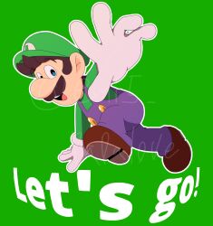 Rule 34 | 1boy, absurdres, blue eyes, brown hair, emi5 papalove, english text, facial hair, foreshortening, gloves, green background, green hat, green shirt, hat, highres, luigi, male focus, mario (series), mustache, nintendo, open mouth, overalls, shirt, smile, tagme, watermark, white gloves
