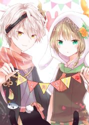 2boys androgynous animal_ears animal_hood blush brown_hair fake_animal_ears flower food_fantasy green_eyes hair_flower hair_ornament highres hood multiple_boys pale_skin salad_(food_fantasy) sayuki silver_hair sukiyaki_(food_fantasy) trap yellow_eyes