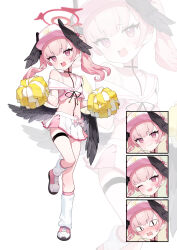&lt;|&gt;_&lt;|&gt; 1girl absurdres alternate_costume bada_(jksh5056) baseball_cap blue_archive blush bra cheerleader closed_mouth commentary crop_top expressionless feathered_wings full_body halo hat head_wings heart_sticker highres koharu_(blue_archive) long_hair loose_socks low_wings midriff miniskirt navel off_shoulder one_eye_closed open_mouth pink_eyes pink_hair pink_hat pink_shirt pink_shoes pom_pom_(cheerleading) shirt shoes single_bare_shoulder skirt sleeveless sleeveless_shirt sneakers socks standing standing_on_one_leg sticker_on_face thigh_strap twintails underwear white_bra white_skirt wings zoom_layer