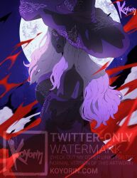 1girl bare_shoulders black_dress black_skin breasts cleavage colored_eyelashes colored_skin dark-skinned_female dark_skin dress elden_ring elden_ring_nightreign hat hat_over_eyes hat_over_one_eye highres koyorin large_breasts large_hat long_hair looking_at_viewer moon purple_hat purple_sleeves recluse_(elden_ring) solo very_dark_skin white_eyelashes white_hair witch witch_hat