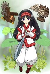 1girl ainu_clothes black_hair breasts fingerless_gloves gloves hair_ribbon highres legs looking_at_viewer mamahaha nakoruru pants purple_eyes ribbon samurai_spirits small_breasts smile snk the_king_of_fighters thighs weapon