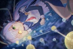 Rule 34 | 1girl, blue dress, blue hair, blush, character name, clenched hand, closed mouth, commentary, constellation, cowboy shot, dress, dutch angle, eyelashes, flowingcrescent, glowing, glowing eye, green eyes, hair between eyes, hair ribbon, hand up, heterochromia, highres, hip vent, hoshino yumemi, long hair, long sleeves, looking down, low twintails, lying, necktie, ok sign, ok sign over eye, on side, planetarian, red necktie, reflection, reflective water, ribbon, sky, smile, solo, split mouth, star (sky), starry sky, twintails, very long hair, water, yellow eyes, yellow ribbon