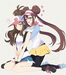 2girls baseball_cap black_pantyhose black_vest blue_eyes blush breasts brown_hair closed_mouth cutoffs denim denim_shorts double_bun exposed_pocket hair_bun hat high_ponytail highres hilda_(pokemon) long_hair medium_breasts multiple_girls nintendo ohn_pkmn open_clothes open_mouth open_vest pantyhose pantyhose_under_shorts poke_ball_print pokemon pokemon_bw pokemon_bw2 ponytail raglan_sleeves rosa_(pokemon) shirt short_shorts shorts sidelocks simple_background small_breasts smile twintails vest visor_cap white_shirt wristband yellow_shorts yuri