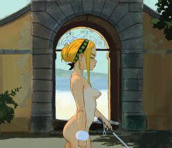 1girl ass beach blonde_hair blush breasts cane closed_eyes earrings highres jewelry medium_breasts moitasart nipples nude nudist original perky_breasts solo tan walking