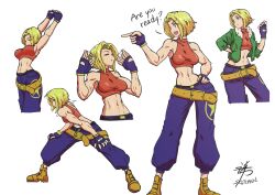 1girl :d absurdres artist_name belt blonde_hair blue_eyes blue_mary breasts cowboy_shot crop_top fanning_self fatal_fury fingerless_gloves fur-trimmed_jacket fur_trim gloves halterneck hand_on_own_hip highres jacket large_breasts midriff multiple_views navel open_mouth pointing short_hair simple_background sketchien smile snk stretching the_king_of_fighters upper_body white_background