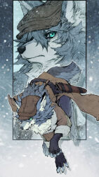 1boy animal_ears brown_coat brown_headwear claws coat commentary_request fate/grand_order fate_(series) fingerless_gloves furry furry_male gloves looking_at_viewer looking_to_the_side male_focus multiple_views ogasawara_tomy patxi_(fate) sheath snow tail wolf_boy wolf_ears wolf_tail