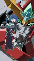 Rule 34 | 1girl, blue eyes, blush, bodysuit, bow, bravern, closed mouth, crossover, exocet (exocet4), green eyes, hair bow, highres, long hair, looking at viewer, mecha, mecha pilot suit, open mouth, purple hair, robot, science fiction, senno inori, senno inori project, smile, super robot, teeth, v-fin, virtual youtuber, yuuki bakuhatsu bang bravern