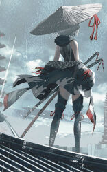 1girl armor bare_shoulders cropped from_behind hat highres japanese_armor japanese_clothes katana kimono off_shoulder original rain rice_hat sheath sheathed short_hair solo swav sword thighhighs weapon white_hair