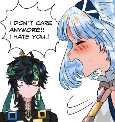 1boy 1girl ahoge bikini black_hair black_jacket blonde_hair blue_hair blue_hairband blunt_bangs blush closed_mouth cocotsuko1204 constricted_pupils dark-skinned_female dark_skin diamond-shaped_pupils diamond_(shape) eyelashes genshin_impact green_eyes green_hair green_headband hair_between_eyes hairband headband highres jacket kinich_(genshin_impact) light_blue_hair looking_at_another mualani_(genshin_impact) multicolored_hair open_mouth pale_skin parted_bangs sidelocks spiked_ear_piercing streaked_hair sweatdrop swimsuit symbol-shaped_pupils v-shaped_eyebrows white_background white_bikini zipper zipper_pull_tab