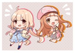 2girls ;d ahoge blue_dress blue_socks blush bow brown_background brown_eyes brown_hair brown_jacket brown_shoes chibi dress drop_shadow futaba_anzu hat highres ichihara_nina idolmaster idolmaster_cinderella_girls idolmaster_cinderella_girls_starlight_stage jacket long_sleeves looking_at_viewer multiple_girls notice_lines one_eye_closed open_clothes open_jacket open_mouth pink_hat pink_sailor_collar pink_skirt plaid_clothes plaid_dress plaid_hat plaid_skirt polka_dot polka_dot_background puffy_long_sleeves puffy_sleeves rino_cnc sailor_collar sailor_dress shoes short_eyebrows skirt sleeves_past_fingers sleeves_past_wrists smile socks striped_bow striped_clothes striped_socks stuffed_animal stuffed_rabbit stuffed_toy suspender_skirt suspenders thick_eyebrows v-shaped_eyebrows white_sailor_collar