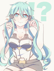 !? 1girl absurdres alternate_hair_length alternate_hairstyle aqua_eyes aqua_hair belt breasts brown_belt cleavage collarbone cowboy_shot hair_between_eyes highres long_hair looking_at_another medium_breasts neosight short_shorts shorts sinon sitting solo sweatdrop sword_art_online twitter_username white_background