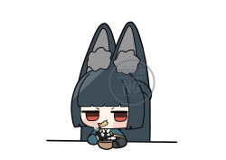 1girl absurdres animal_ear_fluff animal_ears aqua_capelet black_hair black_necktie blunt_bangs blunt_ends blush_stickers chibi chopsticks commentary_request eating food highres hime_cut holding holding_chopsticks hoshimi_miyabi jitome long-eared_miyabi_(meme) long_hair meme necktie noodles shinonome_nashi shirt shrimp shrimp_tempura simple_background solo tempura udon very_long_ears very_long_hair watermark white_background white_shirt zenless_zone_zero