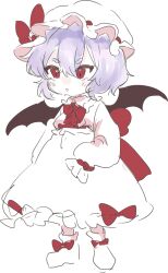 1girl bat_wings boots bow bowtie dress dress_bow frilled_dress frilled_sleeves frills full_body hair_between_eyes hat hat_bow highres long_sleeves mob_cap parted_lips pino5563 purple_hair red_bow red_bowtie red_eyes remilia_scarlet short_hair simple_background sketch solo touhou tsurime v-shaped_eyebrows white_background white_boots white_dress white_hat wings
