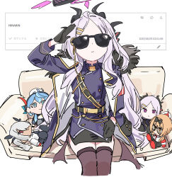 Rule 34 | 1girl, absurdres, ahoge, ako (blue archive), armband, black coat, black halo, black skirt, blue archive, chinatsu (blue archive), coat, coat on shoulders, couch, demon girl, demon horns, demon wings, halo, haruyuki (gffewuoutgblubh), highres, hikakin, hina (blue archive), horns, iori (blue archive), long hair, looking at viewer, prefect team (blue archive), red armband, skirt, solo, stuffed toy, sunglasses, thighhighs, thighs, white hair, white thighhighs, wings