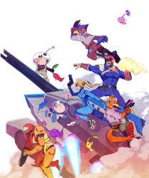 2girls alph_(pikmin) arm_cannon bad_deviantart_id bad_id blonde_hair blue_eyes bodysuit brown_hair cannon captain_falcon directed-energy_weapon dual_persona energy_cannon energy_gun energy_weapon f-zero falco_lombardi falcon_punch flower fox_mccloud furry gloves gun handgun helmet highres landmaster laser_gun long_hair metroid military military_vehicle mole mole_under_mouth motor_vehicle multiple_boys multiple_girls nintendo olimar pikmin_(creature) pikmin_(series) pikmin_3 pistol pointy_ears ponytail samus_aran simple_background skin_tight star_fox super_smash_bros. tail tank varia_suit weapon white_background zero_suit