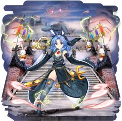 Rule 34 | 1boy, 1girl, alternate costume, animal, animal ears, antenna hair, architecture, banner, beads, bell, belt, blue eyes, blue hair, breasts, building, chain, cleavage, closed mouth, clothed animal, detached sleeves, dress, east asian architecture, full body, game cg, gauntlets, gold chain, grey dress, grey shoes, grey thighhighs, highres, holding, hoop, jewelry, kumoi ichirin, kumoi ichirin (iron fist buddhism bunny), long hair, looking at viewer, official art, outdoors, parted bangs, pendant, prayer beads, rabbit, rabbit ears, rotte (1109), ship&#039;s wheel, shoes, side slit, smile, stairs, thighhighs, third-party source, touhou, touhou lostword, transparent background, unzan, wide sleeves