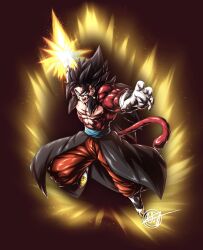 Rule 34 | 1boy, abs, absurdres, arm blade, artist logo, aura, battle, black hair, blz (blz151101), body fur, closed mouth, commentary, dougi, dragon ball, dragon ball heroes, dragon ball legends, earrings, energy blade, energy sword, english commentary, fighting stance, gloves, highres, jewelry, logo, long hair, looking at viewer, male focus, monkey boy, monkey tail, open mouth, pectorals, potara earrings, red fur, signature, spiked hair, super saiyan, super saiyan 4, sword, tail, teeth, vegetto, vegetto (xeno), weapon, white gloves