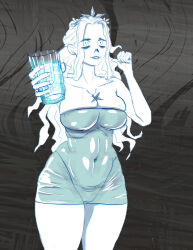 bare_shoulders breasts cleavage covered_navel cup dress ghost grey_background highres holding holding_cup large_breasts long_hair looking_at_viewer monochrome no_nose pointing pointing_at_self princess_(slay_the_princess) slay_the_princess standing the_spectre_(slay_the_princess) tiara tight_clothes