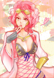 Rule 34 | afro, breasts, brown eyes, cleavage, coat, curly hair, eyelashes, finger to mouth, fingernails, fishnet leotard, fishnets, heart, koshoushou, leotard, lips, lipstick, makeup, nail polish, pink hair, pink nails, sengoku musou, thighhighs