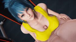 1girl animated animated_gif between_breasts blue_eyes blue_hair bouncing_breasts breasts curvy erection female_focus gym huge_breasts jiggle large_breasts leona_heidern long_hair looking_at_viewer medium_penis paizuri paizuri_under_clothes pale_skin penis ponytail pov shaking shirt tank_top the_king_of_fighters undershirt yellow_shirt zeni-gin