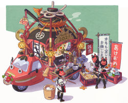 2021 3girls absurdres autocycle banner cardigan chinese_zodiac food food_truck happy_new_year highres japanese_clothes kine lobster mallet mask mochi mortar_(bowl) motor_vehicle multiple_girls nengajou new_year nobori original ornate poten simple_background thighhighs three-wheeler translation_request valve year_of_the_ox