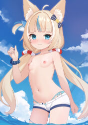 1girl animal_ear_fluff animal_ears bikini bikini_bottom_only blonde_hair blue_bikini blue_eyes breasts cloud commentary_request day indie_virtual_youtuber loli long_hair looking_at_viewer multicolored_hair navel nc731 nipples outdoors paid_reward_available sameko_saba scrunchie shorts sky small_breasts solo streaked_hair swimsuit tail twintails variant_set virtual_youtuber