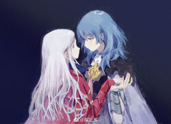 2girls absurdres badge cape edelgard_von_hresvelg female_byleth_(fire_emblem) fire_emblem fire_emblem:_three_houses green_hair highres long_hair multiple_girls nintendo purple_eyes rerain tears white_hair yuri