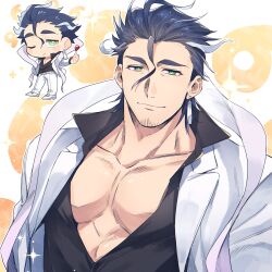1boy absurdres bara black_hair chibi collarbone earrings facial_hair goatee_stubble green_eyes hagiography hair_between_eyes highres jewelry looking_at_viewer male_focus muscular muscular_male pectorals short_hair stubble tassel tassel_earrings tokyo_houkago_summoners tsukuyomi_(housamo) upper_body