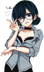 Rule 34 | 1girl, black-framed eyewear, black bra, black choker, blue eyes, blue hair, bra, bra peek, choker, ciel phantomhive, earrings, genderswap, genderswap (mtf), glasses, grey shirt, hair bun, heart, heterochromia, highres, jewelry, kuroshitsuji, looking at viewer, purple eyes, shirt, simple background, solo, stud earrings, three-quarter sleeves, underwear, upper body, white background, wormy owo